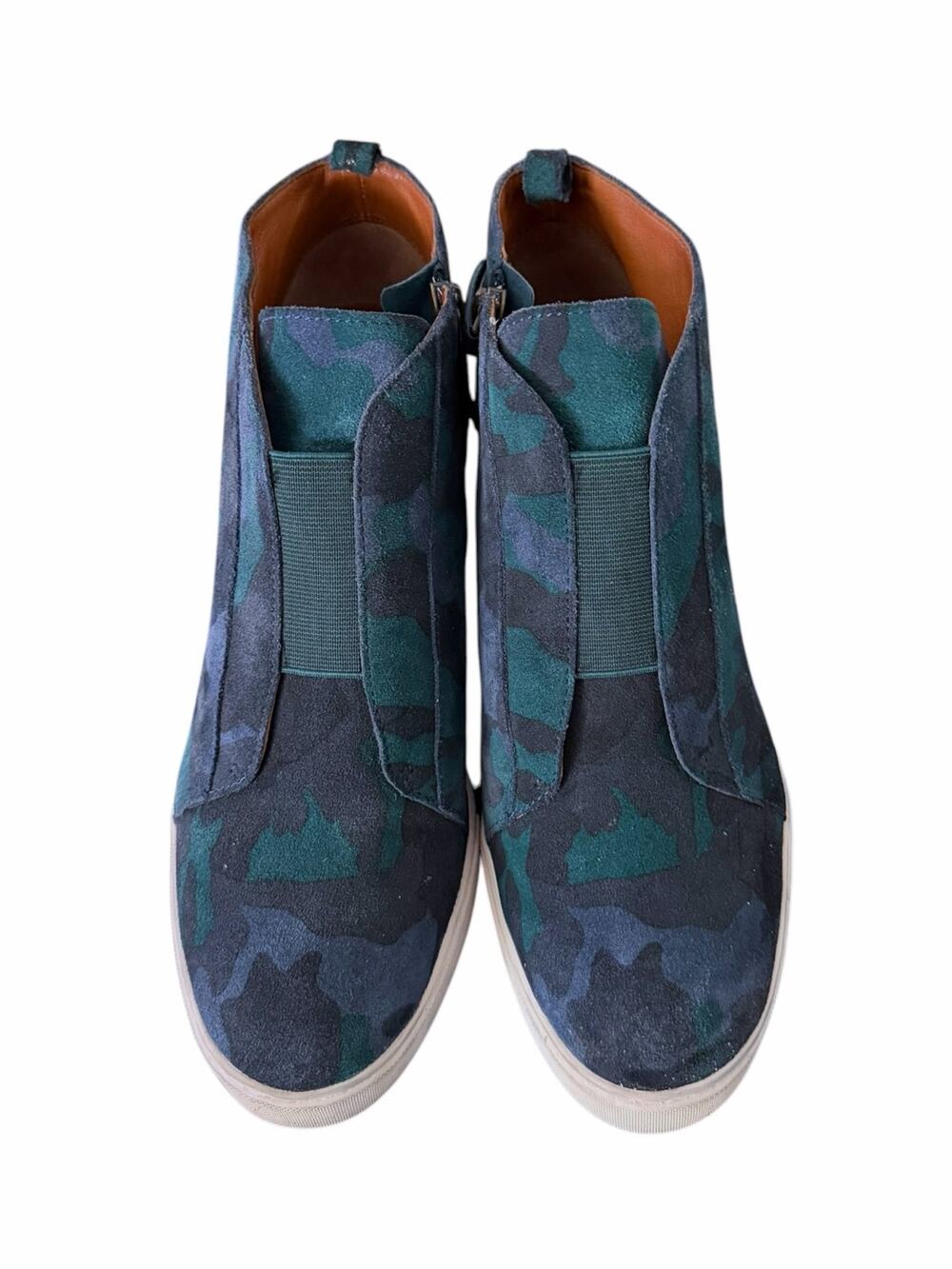 Linea Paolo Felicia Womens 8.5M Blue Camo Sneaker  Suede Wedge Heel Ankle Bootie